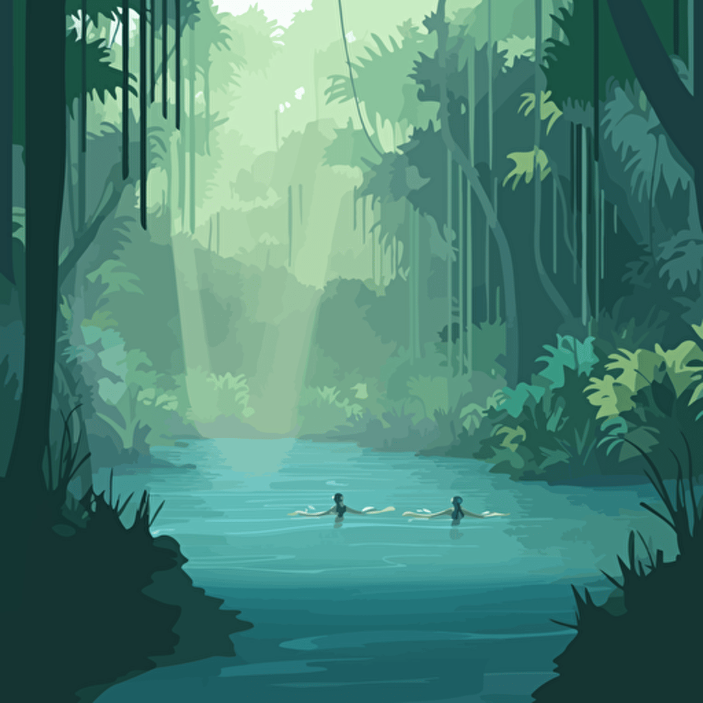 2d illustration of two people swimming in the Enchanted river of Bislig Mindanao, vector style