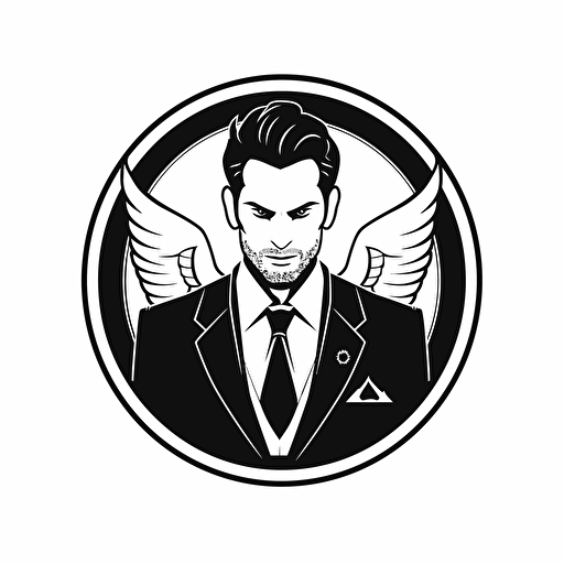 lucifer, looking at the camera, minimal, outline strokes only, black and white, logo, vector, white background