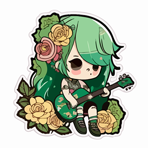 girl with green hair and floral layered outfit with electric guitar chibi sticker vector