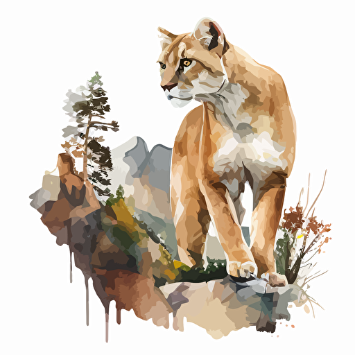 mountain lion kougar goes down from hill aquarell vector grafic