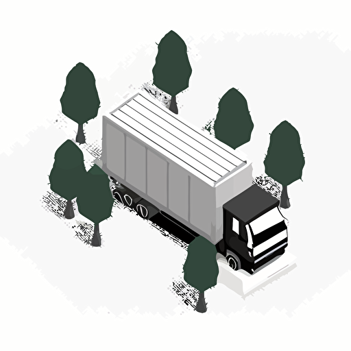 vector design, only Truck loaded with trees viewed vertically from above, white background, black outline