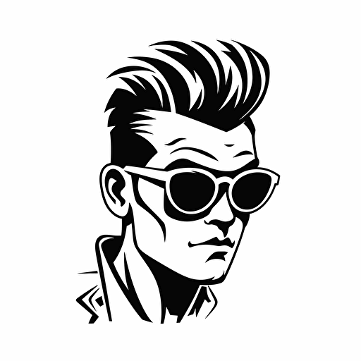 Exagerated Rockabilly, looking at the camera, minimal, outline strokes only, black and white, logo, vector, white background