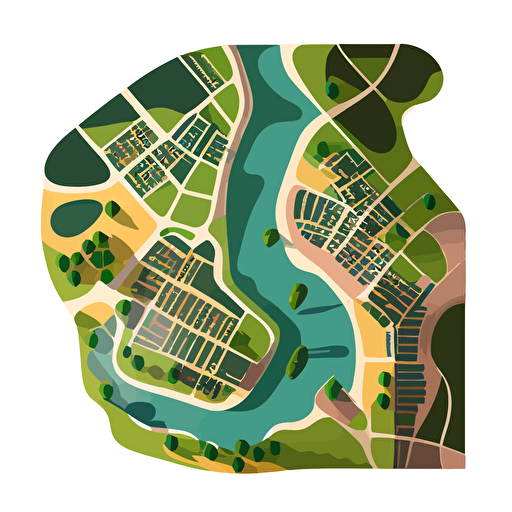 flat top-down view vector map of a city with a river in the middle , two colors, white backgrund