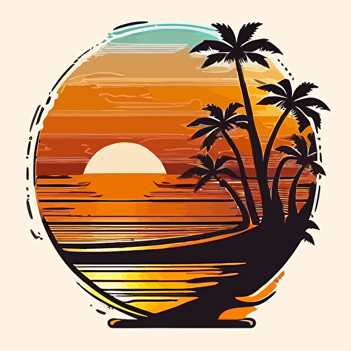 create a wooden vector-style surfboard stuck in the sand of a beach next to palm trees and waves of water in a circle on white background simple and vector style very colorful with sunset