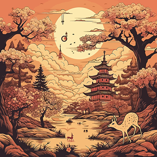 An illustration of an Japan landscape, with cherry blossom tree, animals, sun, limited color pallete, beautiful, detailed, vector, svg, shadows, highlights, inspiried by art by Andrey Prokopenko, hi res