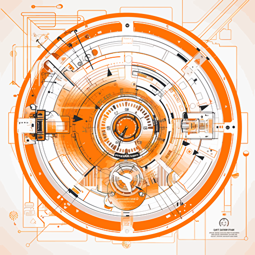 2D vector Time in minimalism geometry cyberpunk style. Colors: orange & white background