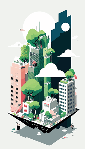 tokyo style rooftops with an urban garden, floating over the white clouds, complete sideview, shilouettes relaxing in the paradise like gardens, manga comic style, vector illustration, simple flat design, simple white background