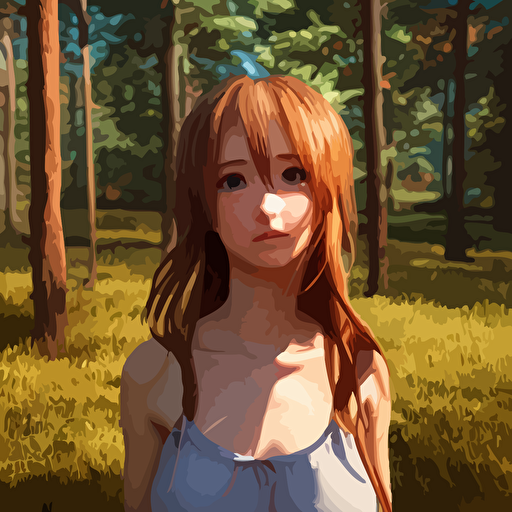 render beautiful 3d anime girl long hair hazel eyes cute freckles round face short smile cute sundress golden hour forest setting medium shot mid shot highly detailed trending artstation unreal engine 4k