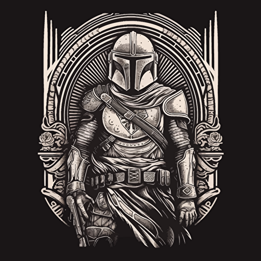the mandalorian all silver armour, in the style of shepard Fairey, vector art, lino cut style, monochromatic, grain effect,