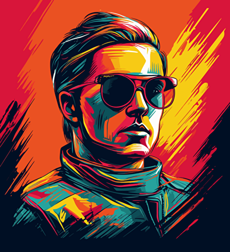 abstract vector illustration the handsome, driver of a formula one race car in full uniform and sunglasses, in the style of furaffinity, charismatic