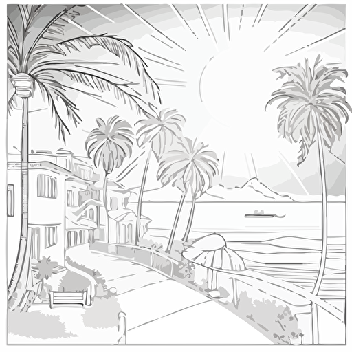 Children coloring pages, June, 80°F, West Coast, suburban, sunny, with towering palm trees swaying in the hot breeze and the ocean sparkling in the distance. Houses with tile roofs and gardens line the peaceful streets., ar 1:1, vector, black and white, outline only, white background, illustration