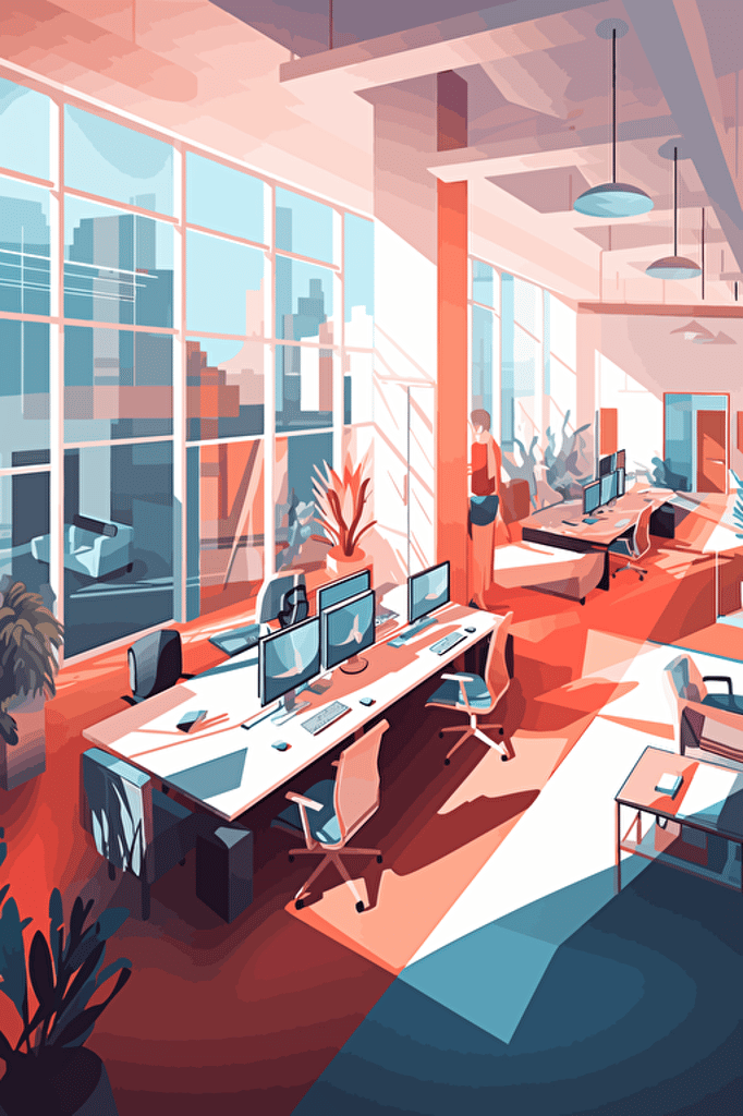 A modern open-concept office space, collaborative workstations, sleek furniture, natural light, Adobe Illustrator, Wacom tablet, morning. Vector illustration, RGB color mode.
