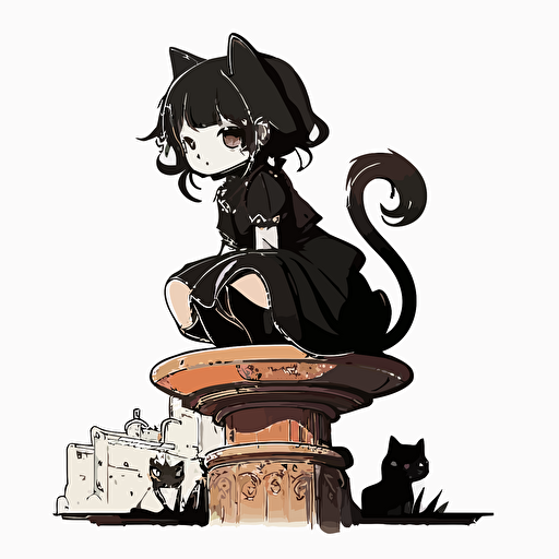 manga style, hand drawn cartoon, black, cute female cat sitting on a pedestal, white background, vector, High definition