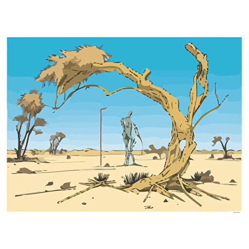 giant statue shooting bow and arrow submerged in desert sand surrounded by yucca trees by moebius, comic book style, 2d vector art, flat colors