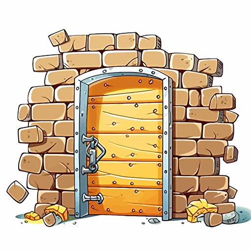 drawing vector cartoon on white background gold big bricks wall with opened gate, in the style of precisionist style, 2d game art, the vancouver school, handsome, smilecore, quadratura