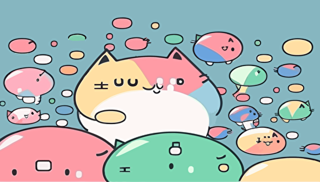 funny kawaii colourful kitty illustration, vector, simple clean, minimalist, wallpaper, bright, collection