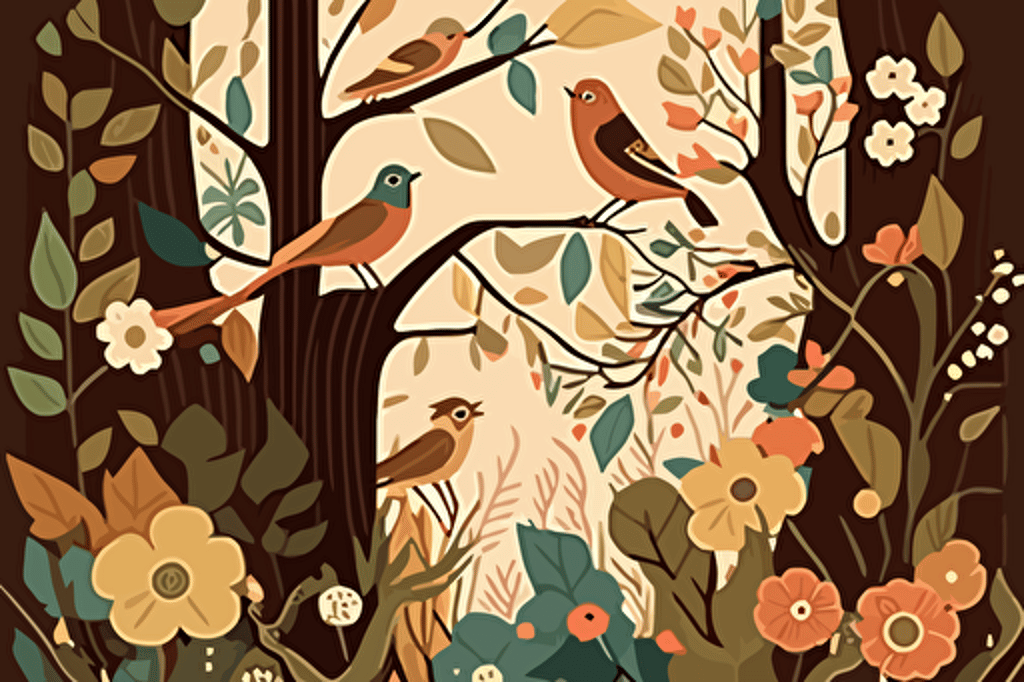 Create a stylized, vector-friendly nature scene featuring trees, birds, and flowers in flat, earthy colors