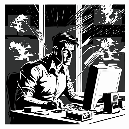 Create a black and white vector art image of a man working furiously at his desk with multiple monitors, depicting the energy and intensity of a high-pressure work environment. Ensure that the image captures the sense of urgency and focus in the man's expression, as well as the complexity and intricacy of the technological tools he is using to complete his tasks. Consider incorporating details such as cables, keyboards, and other office equipment to enhance the realism of the scene. circular art