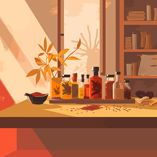 A minimalist vector illustration of indian spice in a kitchen. Strong light and shadow. Style of Malika Favre and Owen Davey