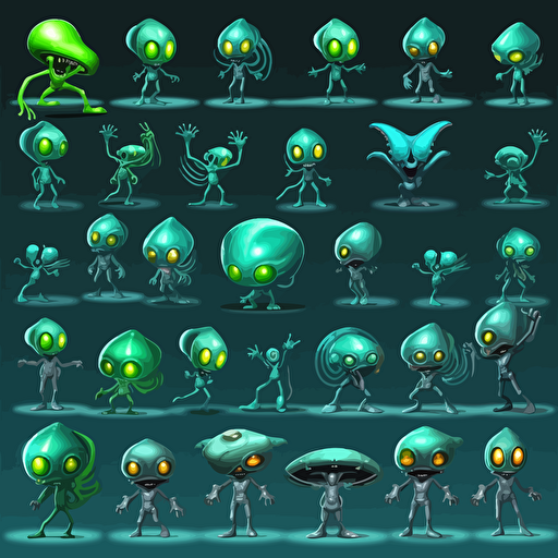 24 action poses for a video game sprite sheet, no background, brand new aliens by DJ SHADOWMIND, vector art,
