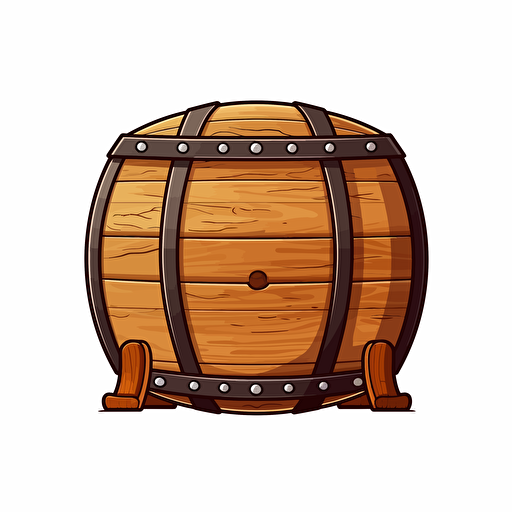 wooden barrel, simple forms, flatart, 2D vector style, cartoon, white background, side view