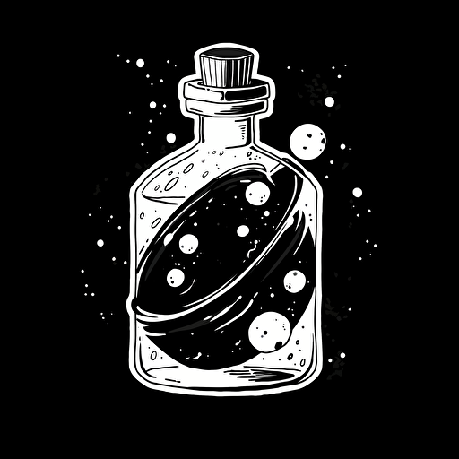 black and white logo, vector design, design, logo, business design, image of a spilled bottle of ink that looks like space and the ink turns into planets and stars, vector