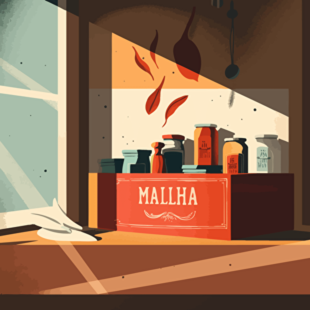 malika favre style minimalist vector illustration of indian masala box in a kitchen. Strong light and shadow