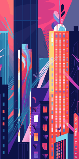 a new york city front view building skyscrapers, in style of spiderverse movie, with bright colors, vector artwork,