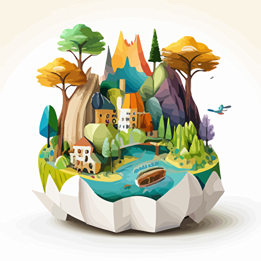 a 360°C model with an imaginary city and nature. Vector and childish style. Very colored. Very happy. white background without shadow.