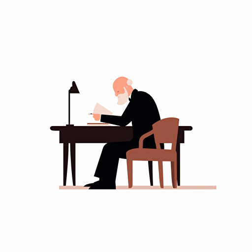 flat vector minimalist illustration of a man signing a contract in an old wooden desk in a leather black chair
