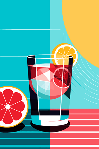 gin and tonic vector art, 1980s poster, pretty colours, geometric minimalism