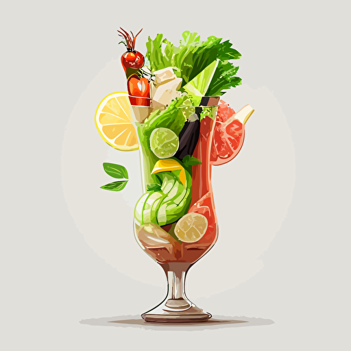 caesar cocktail glass, full color illustrated vector with no background, have an olive, shrimp, pickles, celery, lemon, cheese in the cocktail glass on top
