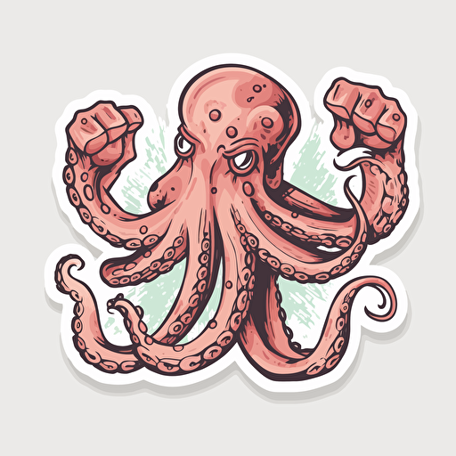 octopus flexing, sticker, hand drawn, vector, White background,