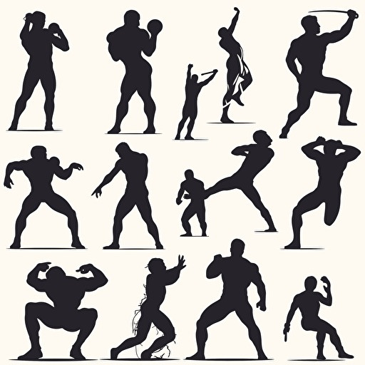 Vector set black silhouettes athlete wrestler in wrestling duel fight greco roman wrestling martial art