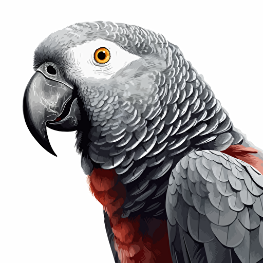 African Grey Parrot bird looking straight in the camera, white bg, vector