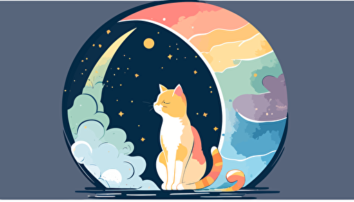 simple, 2d, cartoon, vector, vector art, pastel, cat on the moon, Little Prince Style, colourful,