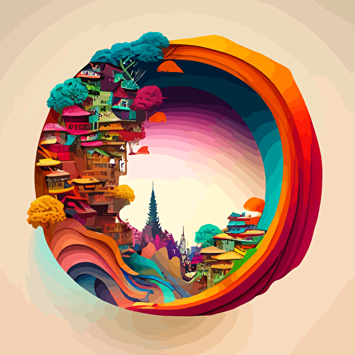 colorful vector art, asian city in a worm hole