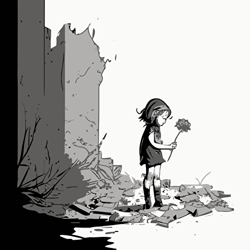 A minimalistic comic illustration of a sad little girl, in the style of Humberto Ramos, looking to the floor, with a flower in her hand, and a destroyed building in the background, style: minimalistic flat vectors, black and white, detailed, no shades.