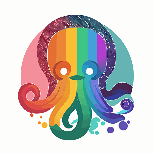 circle logo design, flat 2d vector logo of a octopus, muted rainbow colors, 80s, zodiac-inspired