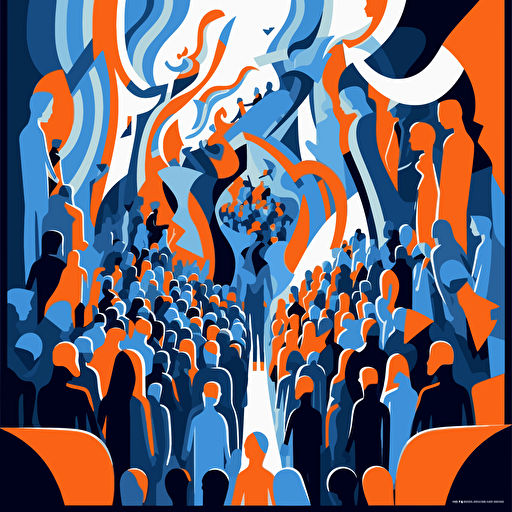 a vector image of education reaching many adults, blue and orange and dark gray, graffiti style