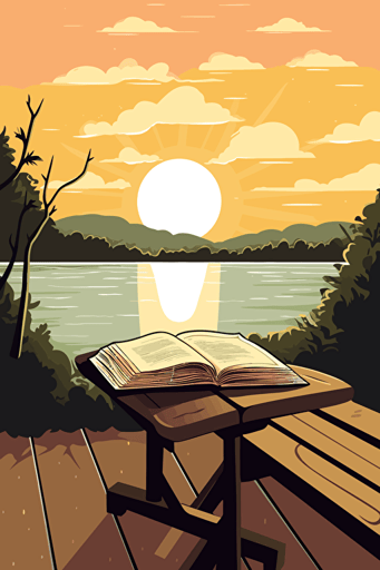 vector art of a bible open on the top of a table, a lake is in the background, a sun is barely visible and setting,