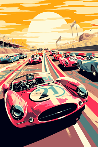 1960's car racing sport event in cartoon vector style clear light colours,