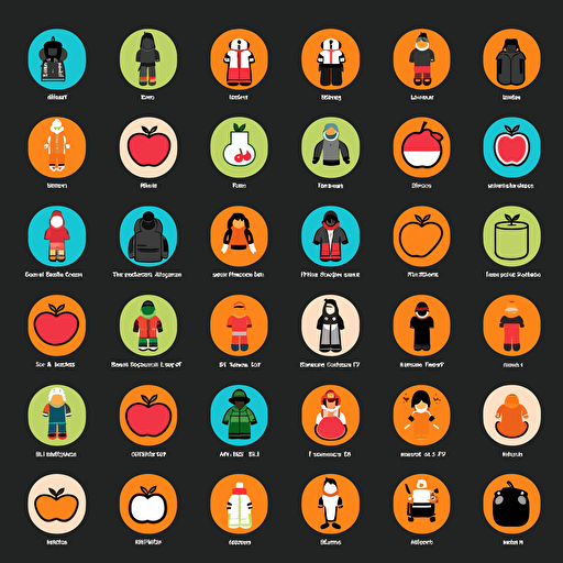 A set of 30 different pictograms consisting of 3 apples and peaches, bag packs and duffel bags, skipants, beanies and hats, gloves and mittens. The collection is made easy to understand in its easy shape. Target Group: Children between the ages of 3 and 7, gender neutral. Image specification: 2D vector art. There's no color. Remove all colors. Use in black and white only.