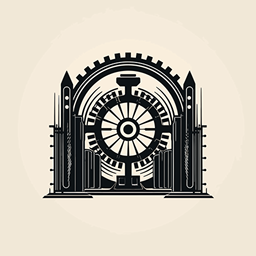 create a logo as simple as possible, with a large gear in the middle, and two large gate like fences surrounding it which are mirror images of each other. the logo should be in black and while, in minimalistic style, with a detailed gear and simple gates, vector