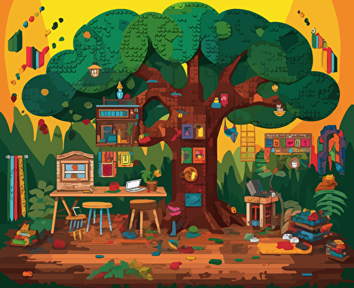 Boho Art Design vector of a learning environment that looks like a lego world and inspires and motivates learners