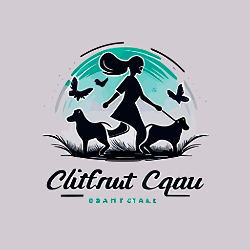 Clean pet care company logo, vector style, including the siluethe of a female veterinary with dogs running around her