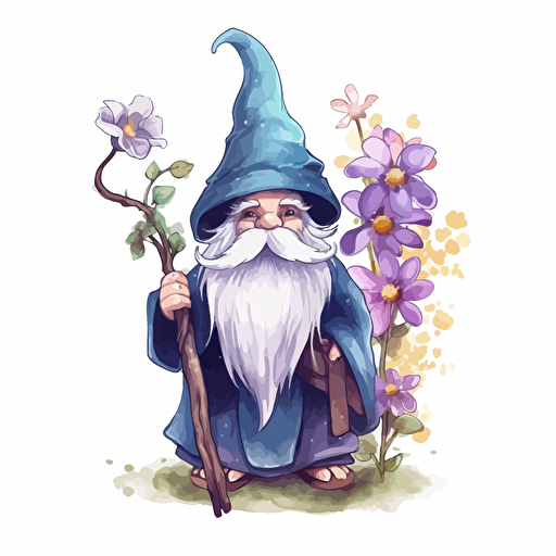 cute wizard, flowers, detailed, cartoon style, 2d watercolor clipart vector, creative and imaginative, hd, white background