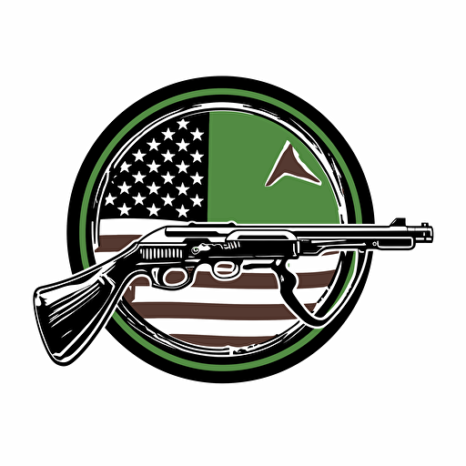 Vector art logo of M1 garand rifle with an American flag in the background with black white and green colors only,