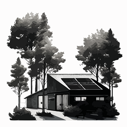 simple vector image of a workshop with trees and photovoltaic panels on the roof, black on white