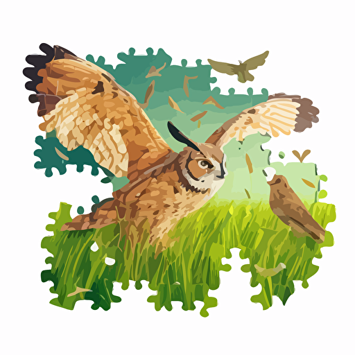a vector image of an owl flying above a hare in the grass. Logo design. Made of jigsaw pieces
